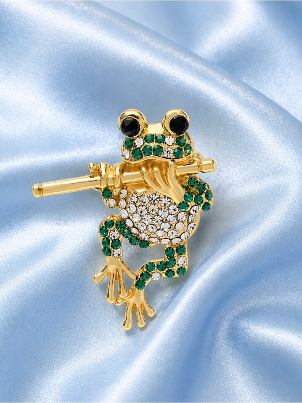 Musical Frog Green Crystal Gold Brooch